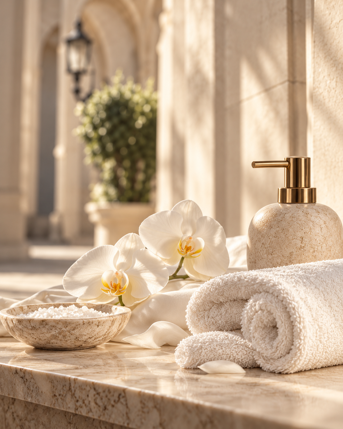 Ivory orchids and soft towels at the beauty atelier
